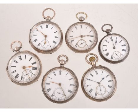 A collection of six silver pocket watches, to include: a silver open face pocket watch, hallmarked Chester 1903, cylinder fus