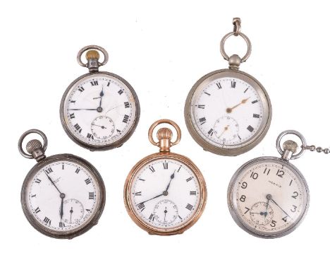 A collection of five open face pocket watches, to include: Meris, a military keyless wind pocket watch, three quarter plate m