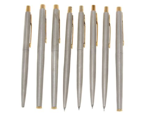 Parker, Classic, two stainless steel fountain pens, a roller ball pen, a ball point pen and four propelling pencils, the foun