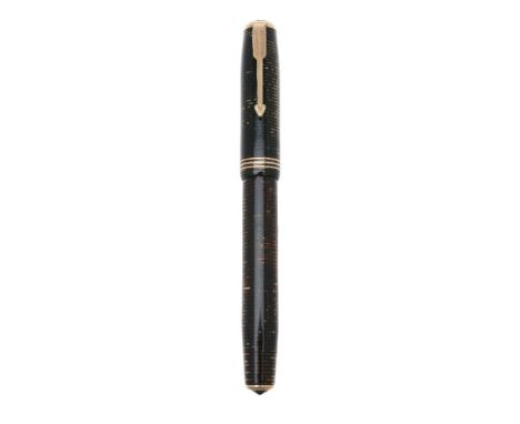 Parker, Vacumatic, a striped fountain pen, the cap with gilt arrow clip and triple cap band, the nib is stamped 14K, button f