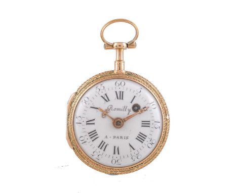 Romilly, A. Paris,   Gold coloured and enamel open face pocket watch, circa 1730   Movement: Verge fusee   Case: Gold coloure
