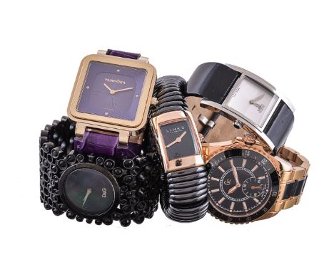 A collection of watches, to include: Guess, a gold plated and ceramic bracelet watch, circa 2011, diameter 36mm, with box, gu