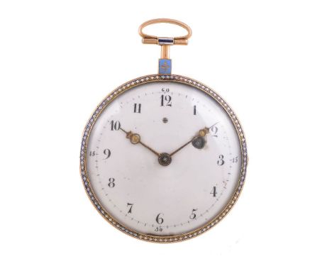 Unsigned,   Gold coloured and enamel pocket watch with head portrait hands   Movement: Full plate   Case: Gold coloured two p