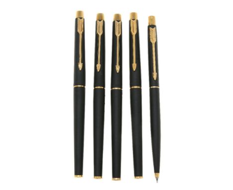 Parker, Classic, a matte black fountain pen, three roller ball pens and a propelling pencil, the fountain pen with gilt arrow