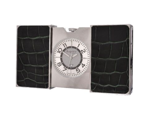 Asprey,   Stainless steel and green leather travel alarm clock, circa 2015   Movement: Quartz   Case: Stainless steel and lea