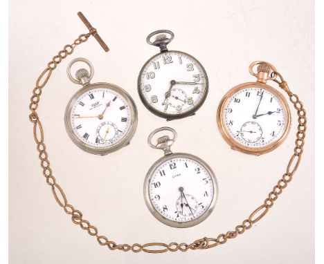 A collection of four open face keyless wind pocket watches, to include: Tissot, a silver plated pocket watch, no. 1321298, le