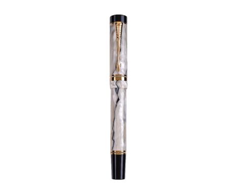Parker, Duofold, a pearl marbled fountain pen, the cap with gilt arrow clip and double cap band, the extra fine nib stamped 1