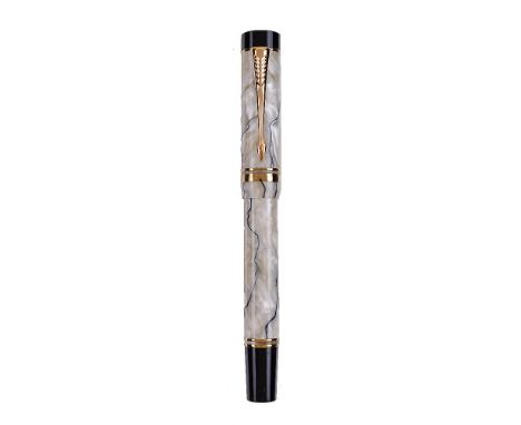 Parker, Duofold, a pearl marbled fountain pen, the cap with gilt arrow clip and double cap band, the extra fine nib stamped 1