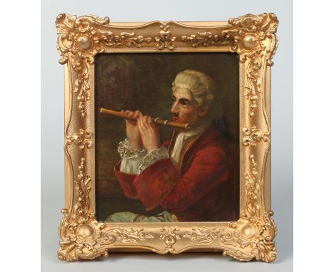 An antique gilt framed oil on canvas, portrait of a man in 18th century dress playing a flute, 23.5cm x 20cm.   Condition Rep
