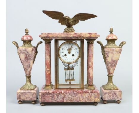 A 19th century French breccia marble clock garniture with gilt metal mounts. With enamel dial having festoons and Arabic nume