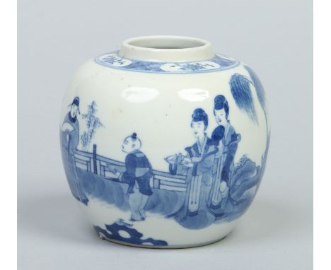 A 19th century Chinese Kangxi style ginger jar. Painted in underglaze blue with a nobleman and his attendants in a garden lan