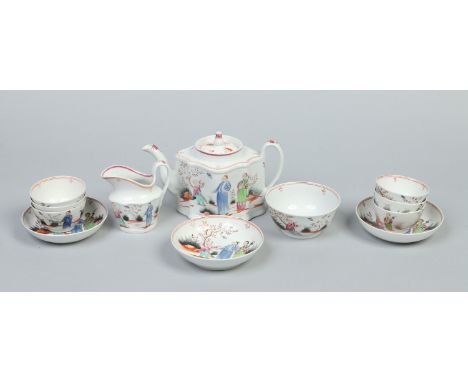 A Newhall part tea set. Comprising; silver shaped teapot and cover, milk jug, sugar bowl, six tea bowls and three saucers. De