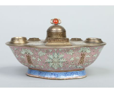 A Chinese Tongzhi (1862-1874) quatrefoil encrier with French metal and cornelian mounts. Pink ground with blue Greek key band