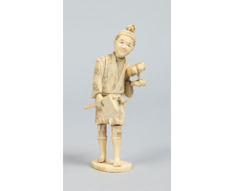 A Japanese Meiji period carved ivory okimono. Formed as a man harvesting vegetables, holding a squash in one hand and a small