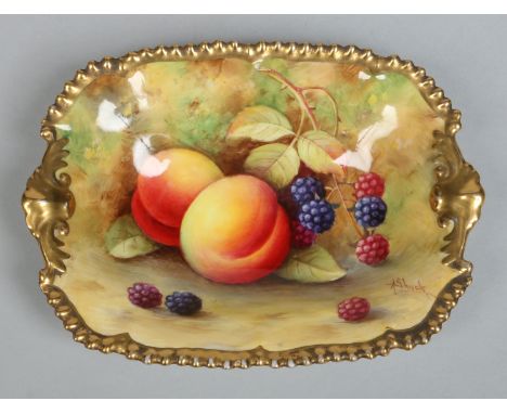 A Royal Worcester twin handled dish with gardrooned gilt edge by Albert Shuck. Painted with peaches and blackberries. Signed,