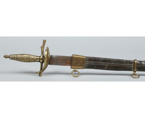 A 19th century dress sword with brass hilt, fullered steel blade and leather scabbard. Blade length, 68.5cm.   Condition Repo