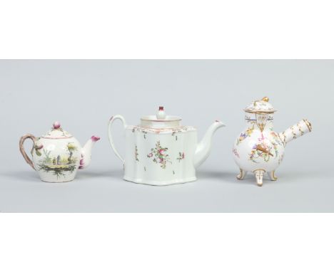 A Marseilles style faience bullet form teapot and cover decorated with figures, a Sevres style Niderviller faience chocolate 