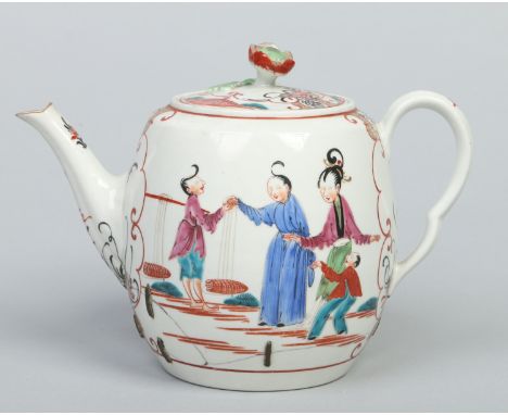 A Worcester barrel shaped teapot and cover. Decorated in coloured enamels with Mandarin figures, c1770, 14cm.   Condition Rep