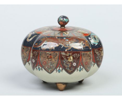 A Japanese Meiji period cloisonne trefoil bowl and cover. Decorated with dragons and panels containing phoenix, 11cm high.   