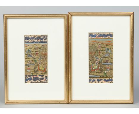 A pair of early 19th century gilt framed small Indian gouache landscape pictures depicting hunting scenes framed within bands