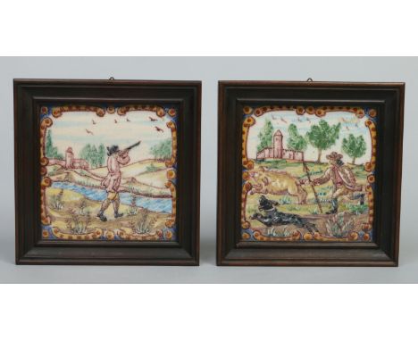A pair of framed 19th century Continental faience tiles decorated in coloured enamels with hunting scenes, 14cm square.    Co