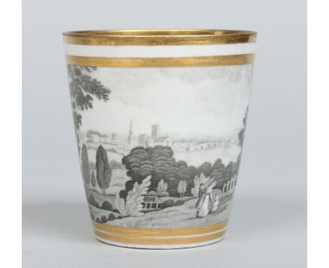 A Chamberlains Worcester beaker. Decorated with gilt bands and enamelled en grisaille with a landscape of Worcester, c1800-20