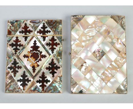 A Victorian mother of pearl, abalone and tortoiseshell parquetry card case and a similar mother of pearl and abalone shell ex