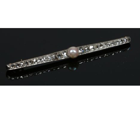 An antique yellow and white metal bar brooch in case, set with a central pearl flanked by 24 graduated rose cut diamonds, 8.2