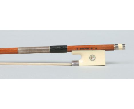 Floriano Nofri (Italian 1922-2001). A violin bow with ivory frog inlaid with abalone shell. Stamped Nofri F. with two stars. 