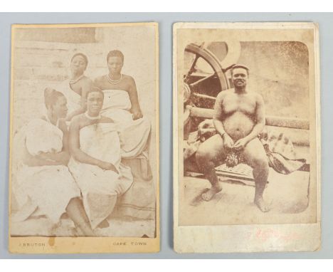 Two vintage sepia cabinet photographs from Cape Town. One a portrait of a seated native man the other a group of four native 