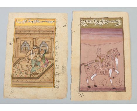 Two Indian antique manuscript pages. Each with one side of text and the other with a painted gouache scene, one of erotic nat