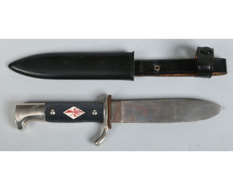 A post war German scout knife of Third Reich Hitler Youth knife style. In metal scabbard with leather frog. Blade stamped Whi