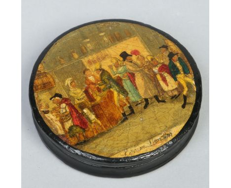 A Victorian circular lacquered papier mache snuff box, printed and enameled with a titled tavern scene, Life in London, 8.5cm