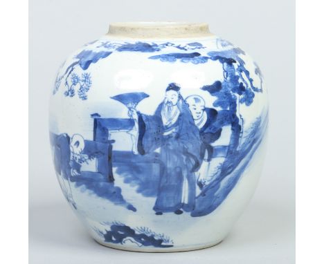 A 19th century Chinese ginger jar painted in underglaze blue with figures in a landscape. Four character Kangxi mark, 17cm.  