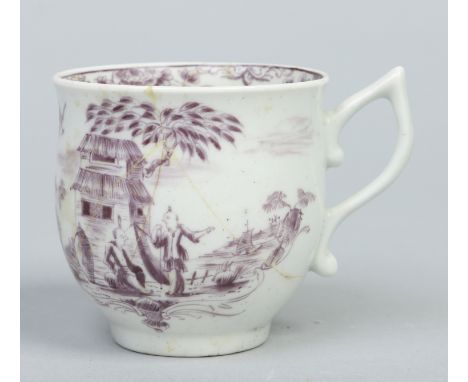 A Worcester bell shaped coffee cup with wishbone handle. Pencilled with a chinoiserie landscape in puce monochrome with a spr