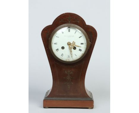 A 19th century French mahogany and brass inlaid balloon mantel clock by Samuel Marti. With enamel dial having Roman numeral m