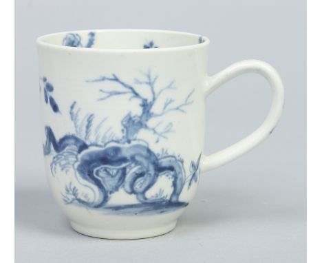 An early Worcester coffee cup of scratch cross type. Painted in underglaze blue with the Prunus Root pattern. Workman's mark 