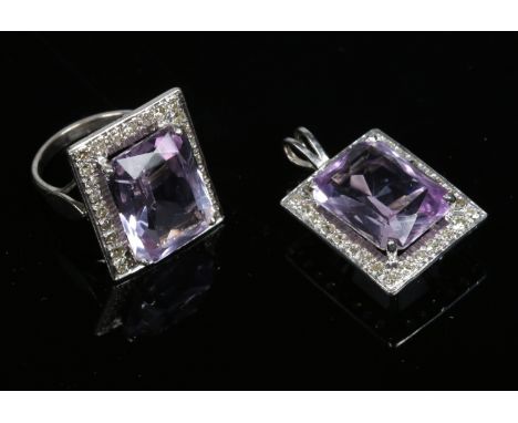 An 18 carat white gold cocktail ring and matching pendant. Each set with a large rectangular faceted amethyst stone under a d