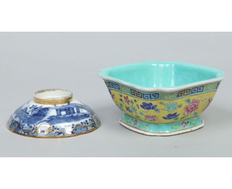 A Chinese yellow ground footed bowl of square form with celadon interior, painted in coloured enamels with peonies and butter