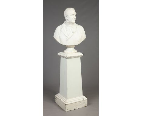 William Brodie R. S. A. (1815-1881). An oversized carved white marble head and shoulders portrait bust of a gentleman on socl