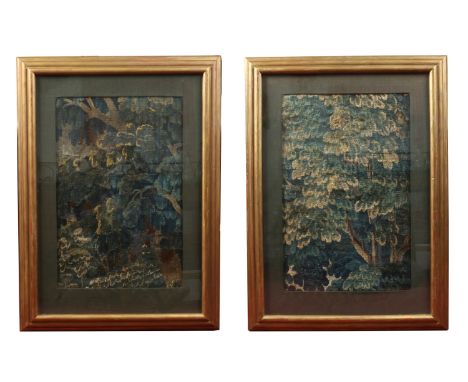 Two large framed 17th / 18th century French Verdure tapestry fragments. Each depicting a section of foliage, 68cm x 43cm.   C