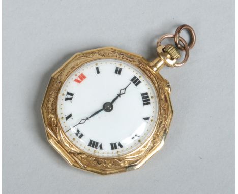 An 18 carat gold Swiss fob watch. The case back with gros bleu guilloche enamel decorated with a bird. Having enamel dial wit