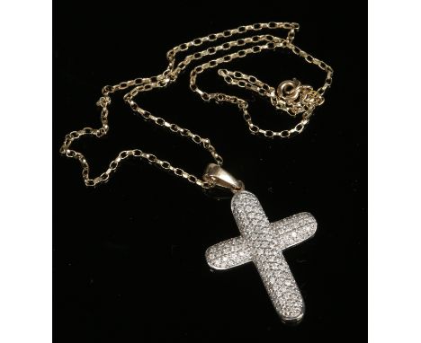 A 9 carat gold cross pendant on chain pave set with diamonds. Pendant 43mm including the bale.    Condition Report. To be use