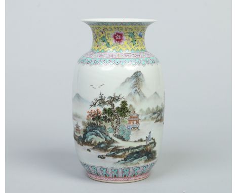 A Chinese Republic period vase with famille rose borders and painted in coloured enamels with a continuing landscape and poem