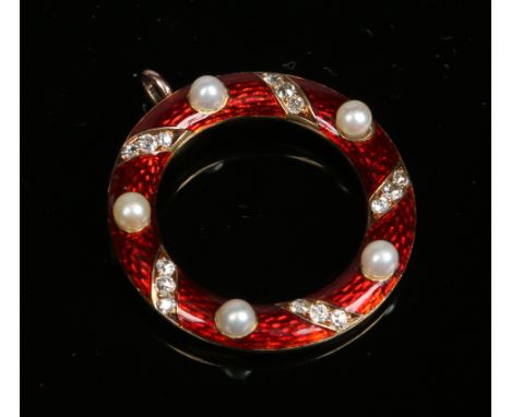 An early 20th century yellow metal ring pendant. With engine turned red enamel ground, set with pearls and bands of diamonds,