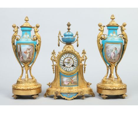 A 19th century French assembled ormolu clock garniture with Sevres style panels. The clock with urn shaped finial is painted 