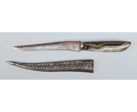 A 19th century Indian dagger with agate handle and niello decorated scabbard, 23.25cm.   Condition Report. To be used as a gu