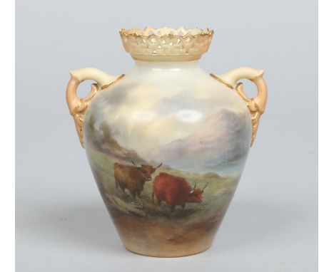 A Royal Worcester squat twin handled vase with pierced neck by Harry Stinton. Painted with a pair of long horned cattle in a 