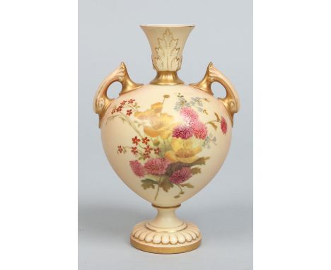 A Royal Worcester twin handled globular pedestal vase. Blush ground and decorated with flowers. Printed green mark, shape num