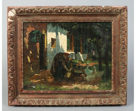 A Continental gilt framed oil on canvas, Impressionist scene, a rural girl outside of a building with geese. Signed indistinc